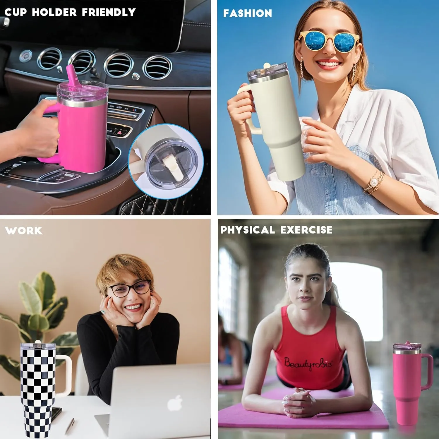 40 oz Tumbler with Handle Quenchers ProTour Detachable Flip Straw Lid Tumbler,Vacuum Insulated Tumblers with Top Leak Proof Lids and Flip Straw,Reusable Insulated Cup (A-Black White Check, 40 oz)