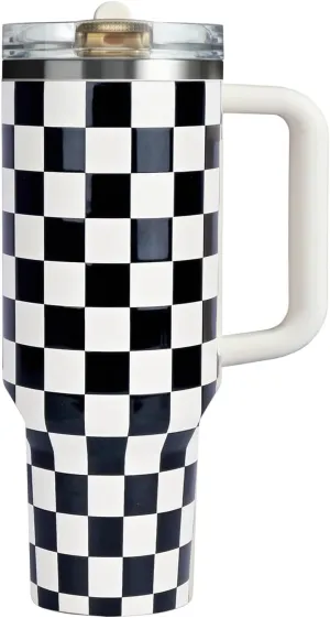 40 oz Tumbler with Handle Quenchers ProTour Detachable Flip Straw Lid Tumbler,Vacuum Insulated Tumblers with Top Leak Proof Lids and Flip Straw,Reusable Insulated Cup (A-Black White Check, 40 oz)