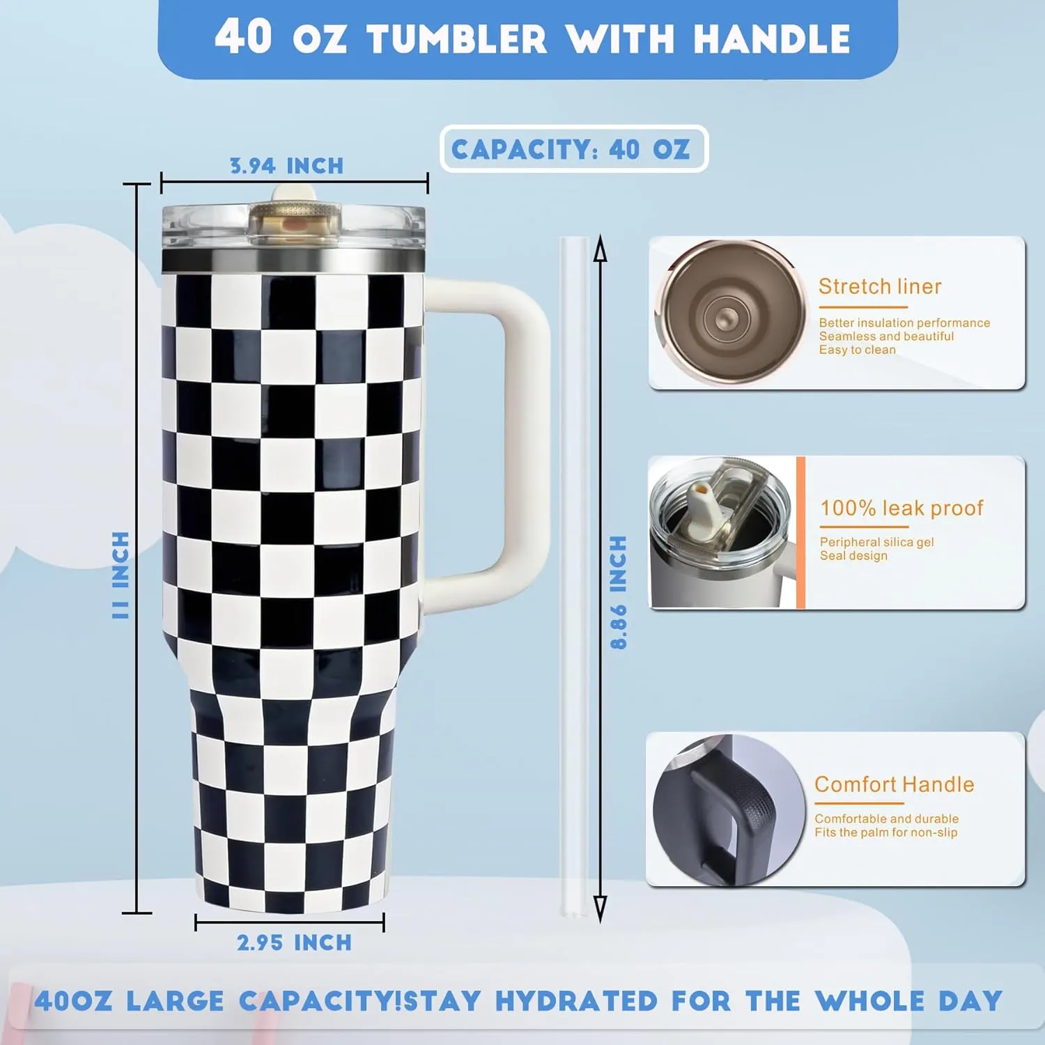 40 oz Tumbler with Handle Quenchers ProTour Detachable Flip Straw Lid Tumbler,Vacuum Insulated Tumblers with Top Leak Proof Lids and Flip Straw,Reusable Insulated Cup (A-Black White Check, 40 oz)