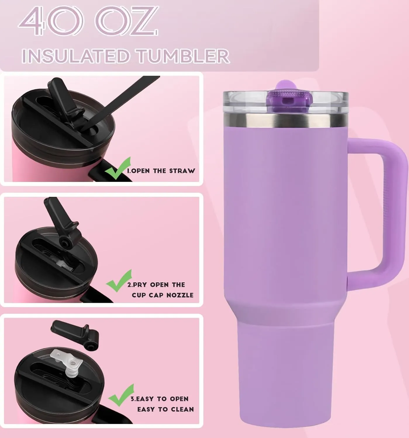 40 oz Tumbler with Handle Quenchers ProTour Detachable Flip Straw Lid Tumbler,Vacuum Insulated Tumblers with Top Leak Proof Lids and Flip Straw,Reusable Insulated Cup (Purple, 40 oz)