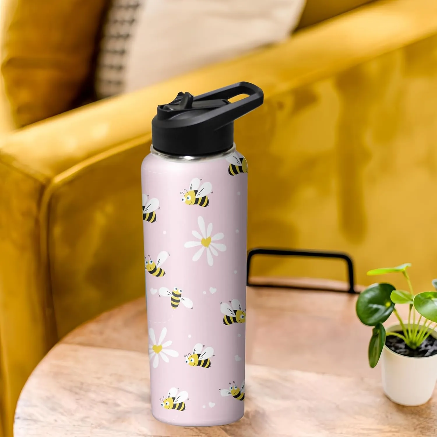 40oz Cute Bee Water Bottle with Handle and Flip Straw, Sports Stainless Steel Insulated Cup, Travel Coffee Mug Tumbler, Birthday Mothers Day Chritmas Gifts for Women Animal Lovers