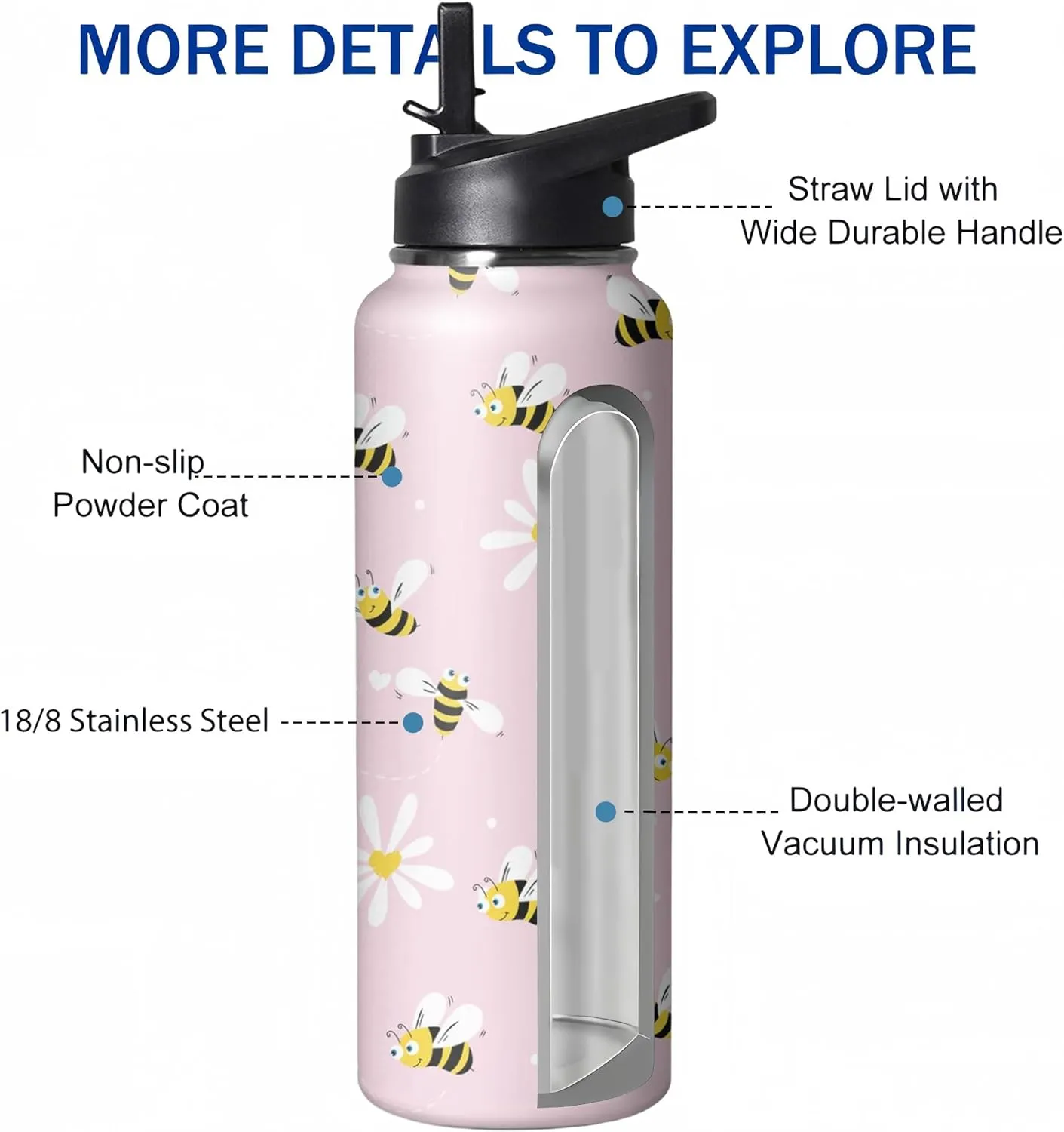 40oz Cute Bee Water Bottle with Handle and Flip Straw, Sports Stainless Steel Insulated Cup, Travel Coffee Mug Tumbler, Birthday Mothers Day Chritmas Gifts for Women Animal Lovers