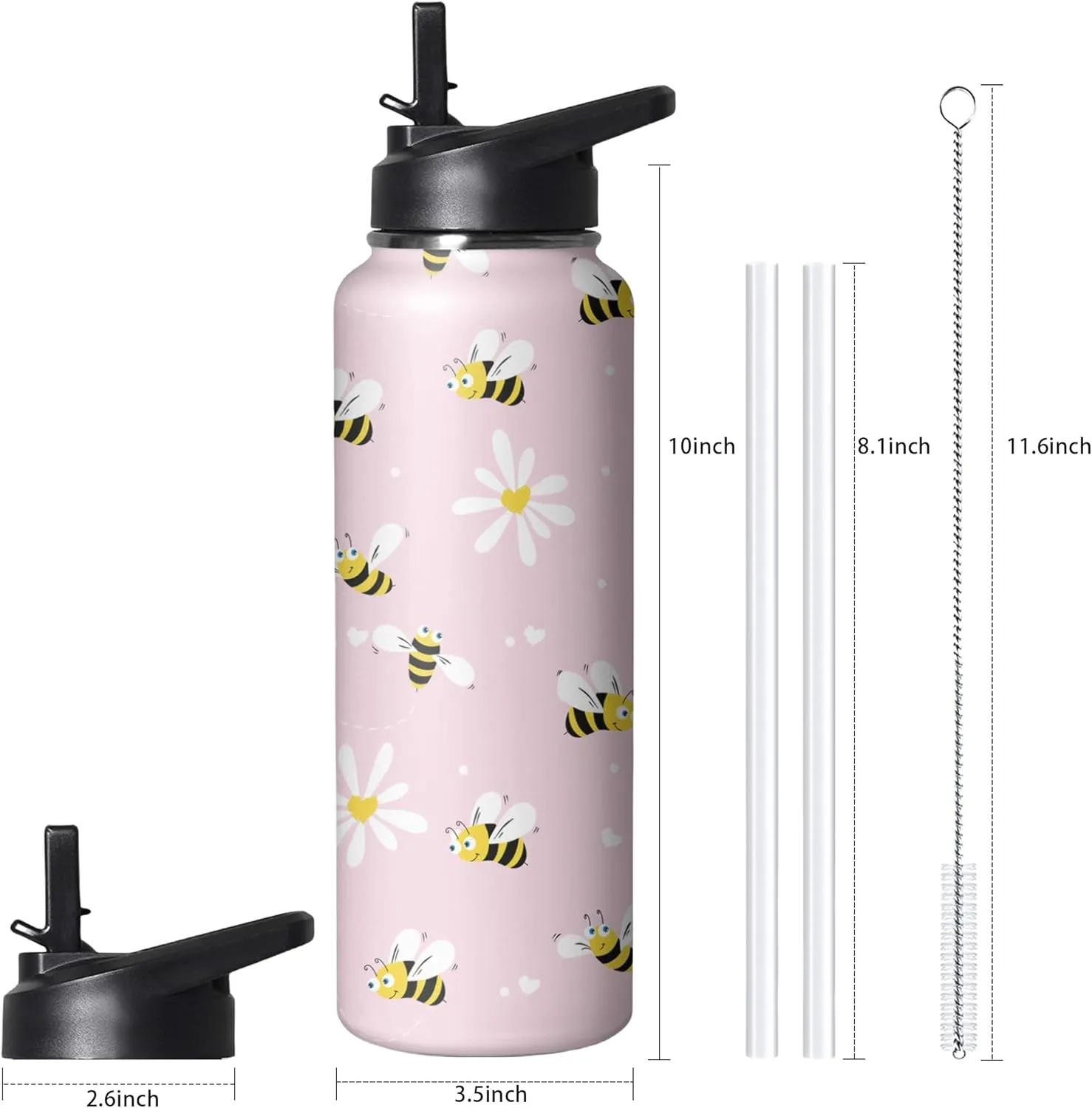 40oz Cute Bee Water Bottle with Handle and Flip Straw, Sports Stainless Steel Insulated Cup, Travel Coffee Mug Tumbler, Birthday Mothers Day Chritmas Gifts for Women Animal Lovers