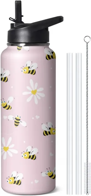 40oz Cute Bee Water Bottle with Handle and Flip Straw, Sports Stainless Steel Insulated Cup, Travel Coffee Mug Tumbler, Birthday Mothers Day Chritmas Gifts for Women Animal Lovers