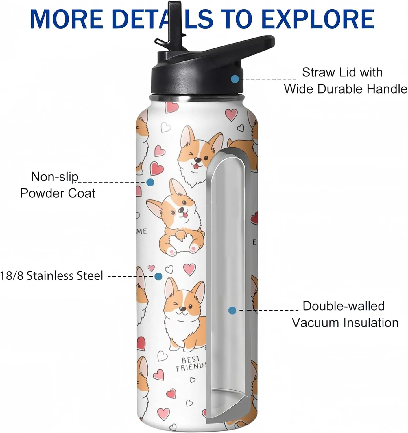 40oz Cute Corgi Water Bottle with Handle and Flip Straw, Dog Sports Stainless Steel Insulated Cup, Travel Coffee Mug Tumbler, Birthday Mothers Day Chritmas Gifts for Women Animal Lovers