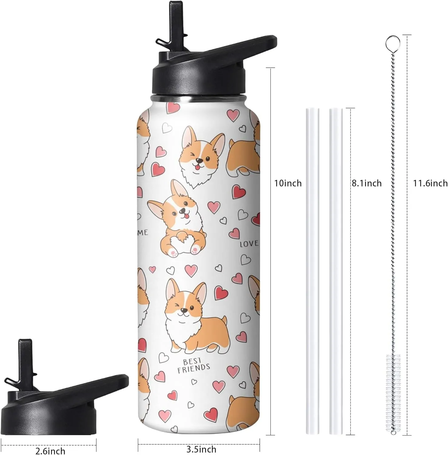 40oz Cute Corgi Water Bottle with Handle and Flip Straw, Dog Sports Stainless Steel Insulated Cup, Travel Coffee Mug Tumbler, Birthday Mothers Day Chritmas Gifts for Women Animal Lovers