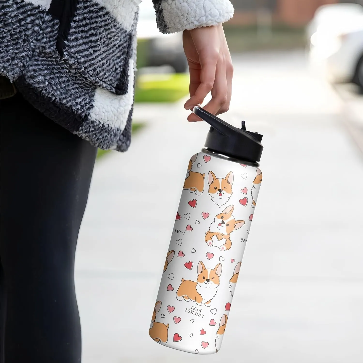 40oz Cute Corgi Water Bottle with Handle and Flip Straw, Dog Sports Stainless Steel Insulated Cup, Travel Coffee Mug Tumbler, Birthday Mothers Day Chritmas Gifts for Women Animal Lovers
