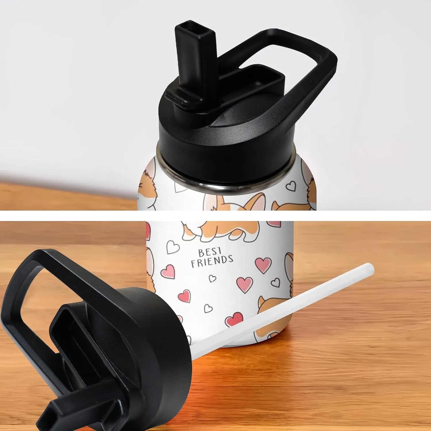 40oz Cute Corgi Water Bottle with Handle and Flip Straw, Dog Sports Stainless Steel Insulated Cup, Travel Coffee Mug Tumbler, Birthday Mothers Day Chritmas Gifts for Women Animal Lovers