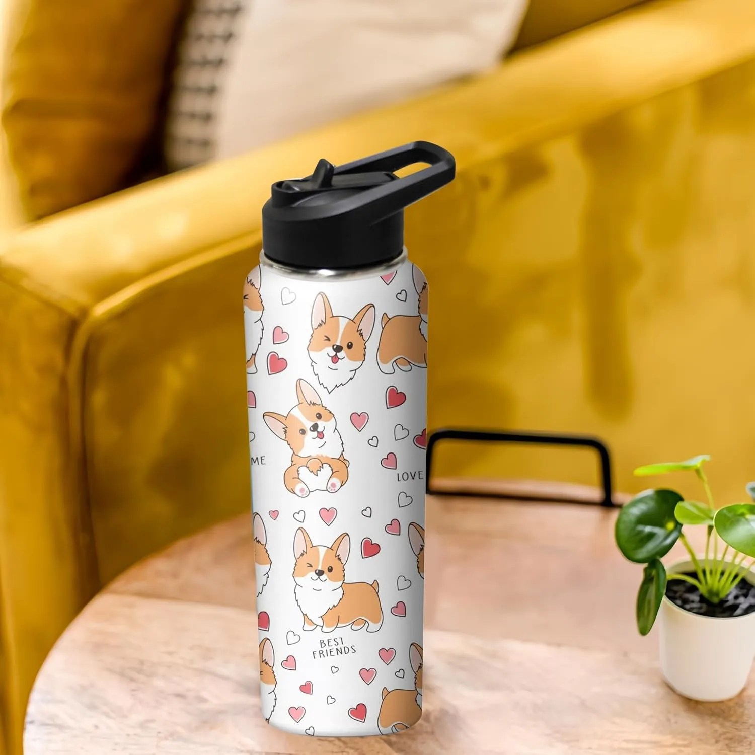 40oz Cute Corgi Water Bottle with Handle and Flip Straw, Dog Sports Stainless Steel Insulated Cup, Travel Coffee Mug Tumbler, Birthday Mothers Day Chritmas Gifts for Women Animal Lovers