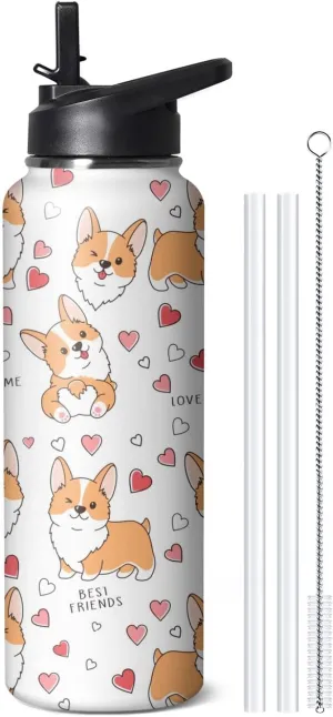40oz Cute Corgi Water Bottle with Handle and Flip Straw, Dog Sports Stainless Steel Insulated Cup, Travel Coffee Mug Tumbler, Birthday Mothers Day Chritmas Gifts for Women Animal Lovers
