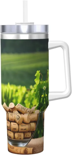 40OZ Wine Bottle Corks Grapes Print Ice Bully With Handle - Portable for Hot & Cold Drinks, Travel, Gym, Home, and Outdoor Activities