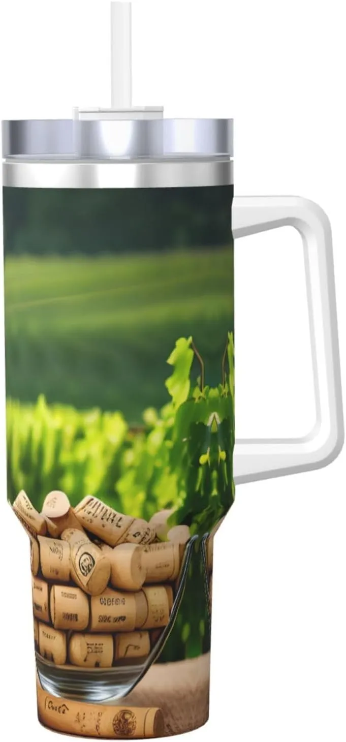 40OZ Wine Bottle Corks Grapes Print Ice Bully With Handle - Portable for Hot & Cold Drinks, Travel, Gym, Home, and Outdoor Activities