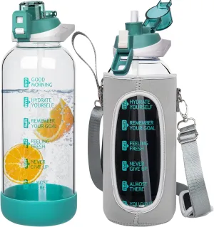 48 oz Large Sports Glass Water Bottle with Straw & Time Marker, Motivational Daily Glass Drinking Bottle with Strap for Fruit Infused Water, Smoothie, Coffee