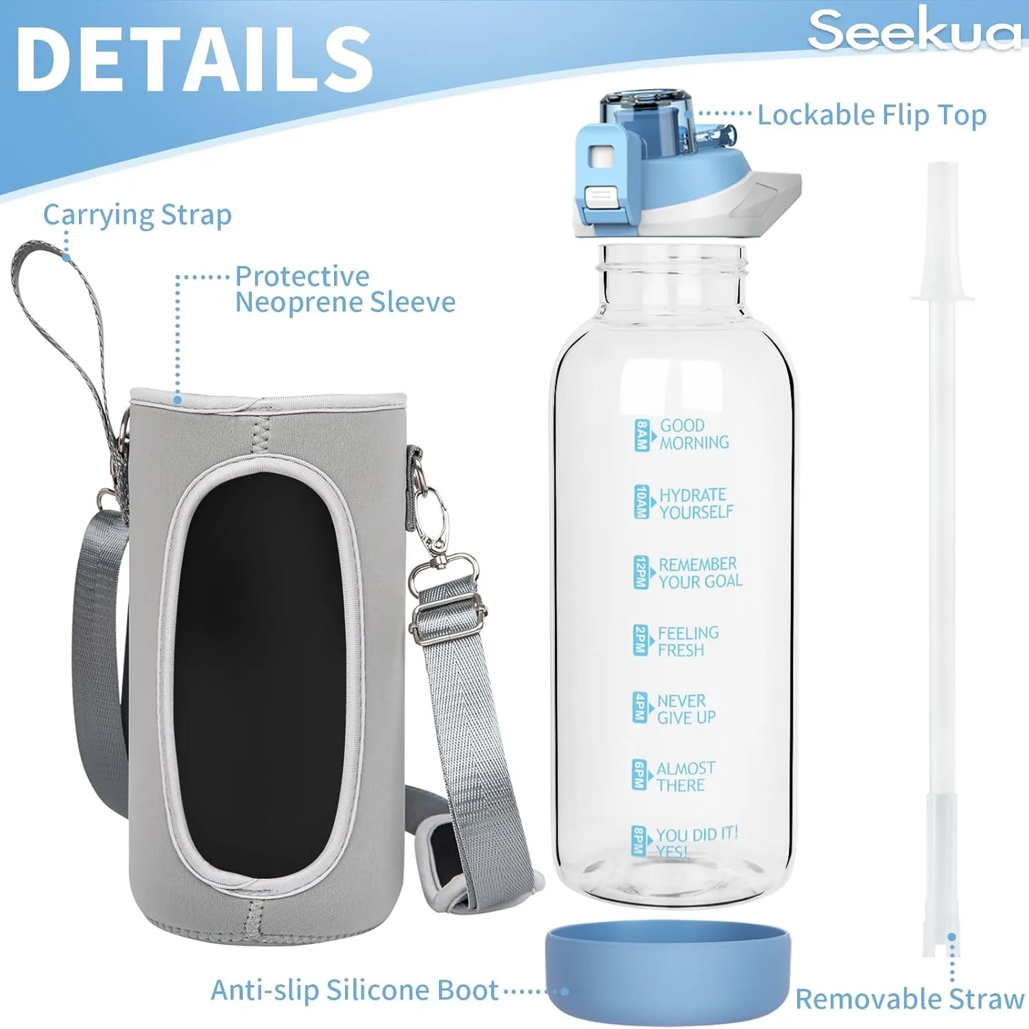 48 oz Large Sports Glass Water Bottle with Straw & Time Marker, Motivational Daily Glass Drinking Bottle with Strap for Fruit Infused Water, Smoothie, Coffee