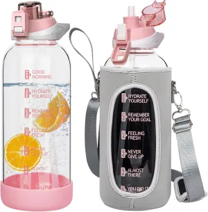 48 oz Large Sports Glass Water Bottle with Straw & Time Marker, Motivational Daily Glass Drinking Bottle with Strap for Fruit Infused Water, Smoothie, Coffee