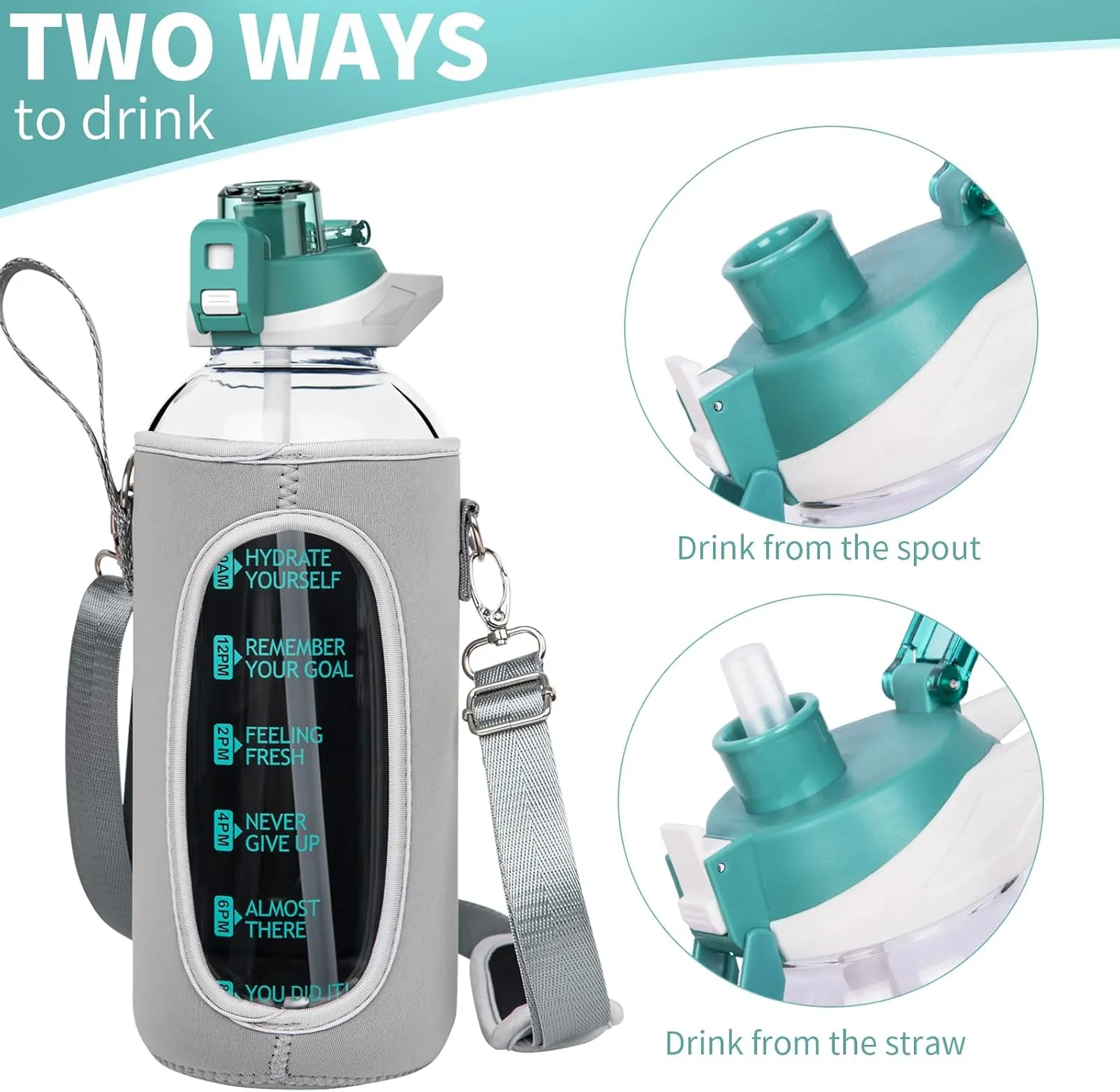 48 oz Large Sports Glass Water Bottle with Straw & Time Marker, Motivational Daily Glass Drinking Bottle with Strap for Fruit Infused Water, Smoothie, Coffee