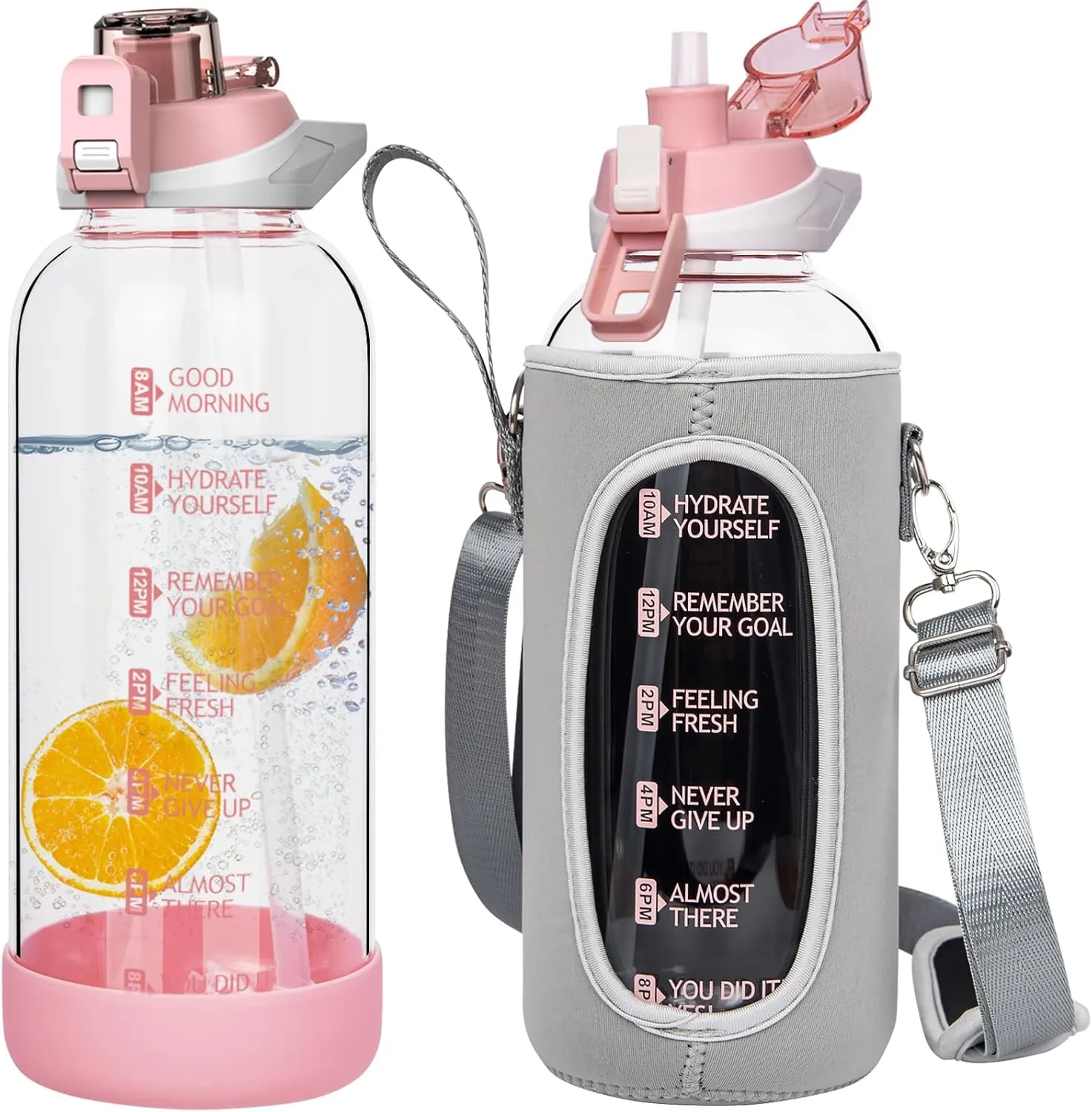 48 oz Large Sports Glass Water Bottle with Straw & Time Marker, Motivational Daily Glass Drinking Bottle with Strap for Fruit Infused Water, Smoothie, Coffee