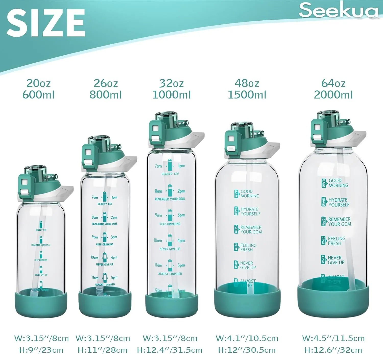 48 oz Large Sports Glass Water Bottle with Straw & Time Marker, Motivational Daily Glass Drinking Bottle with Strap for Fruit Infused Water, Smoothie, Coffee