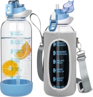 48 oz Large Sports Glass Water Bottle with Straw & Time Marker, Motivational Daily Glass Drinking Bottle with Strap for Fruit Infused Water, Smoothie, Coffee