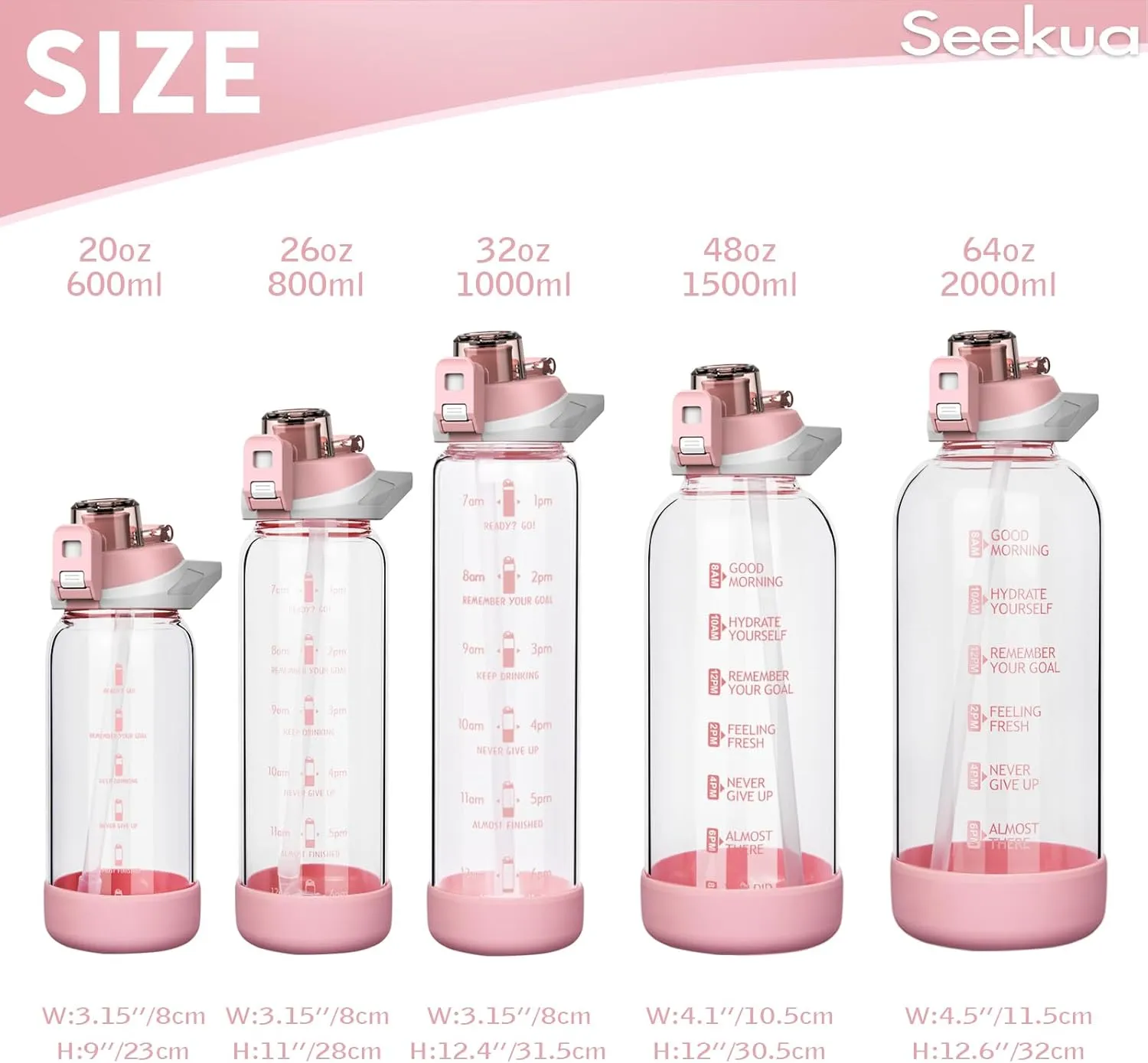 48 oz Large Sports Glass Water Bottle with Straw & Time Marker, Motivational Daily Glass Drinking Bottle with Strap for Fruit Infused Water, Smoothie, Coffee