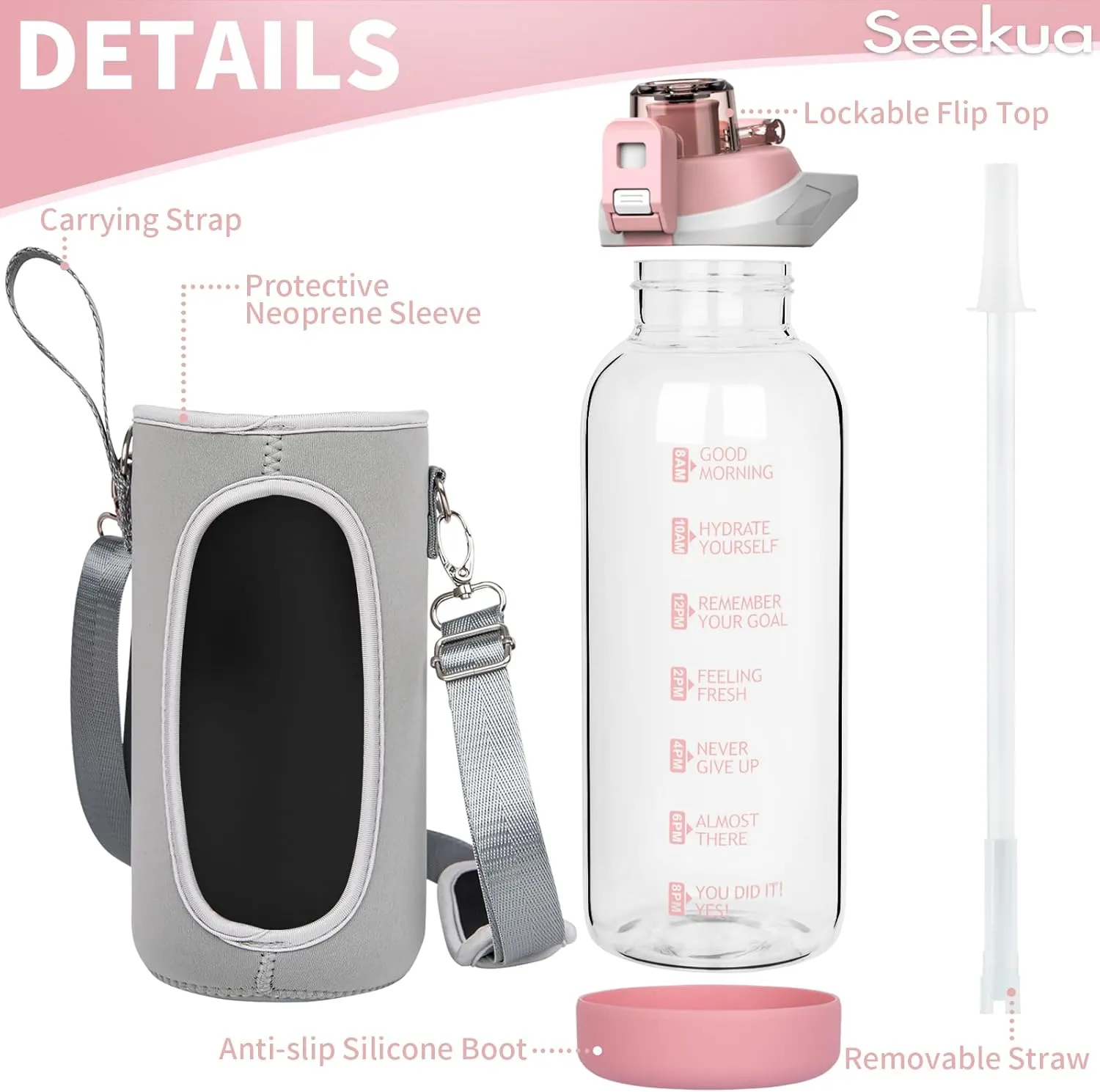 48 oz Large Sports Glass Water Bottle with Straw & Time Marker, Motivational Daily Glass Drinking Bottle with Strap for Fruit Infused Water, Smoothie, Coffee