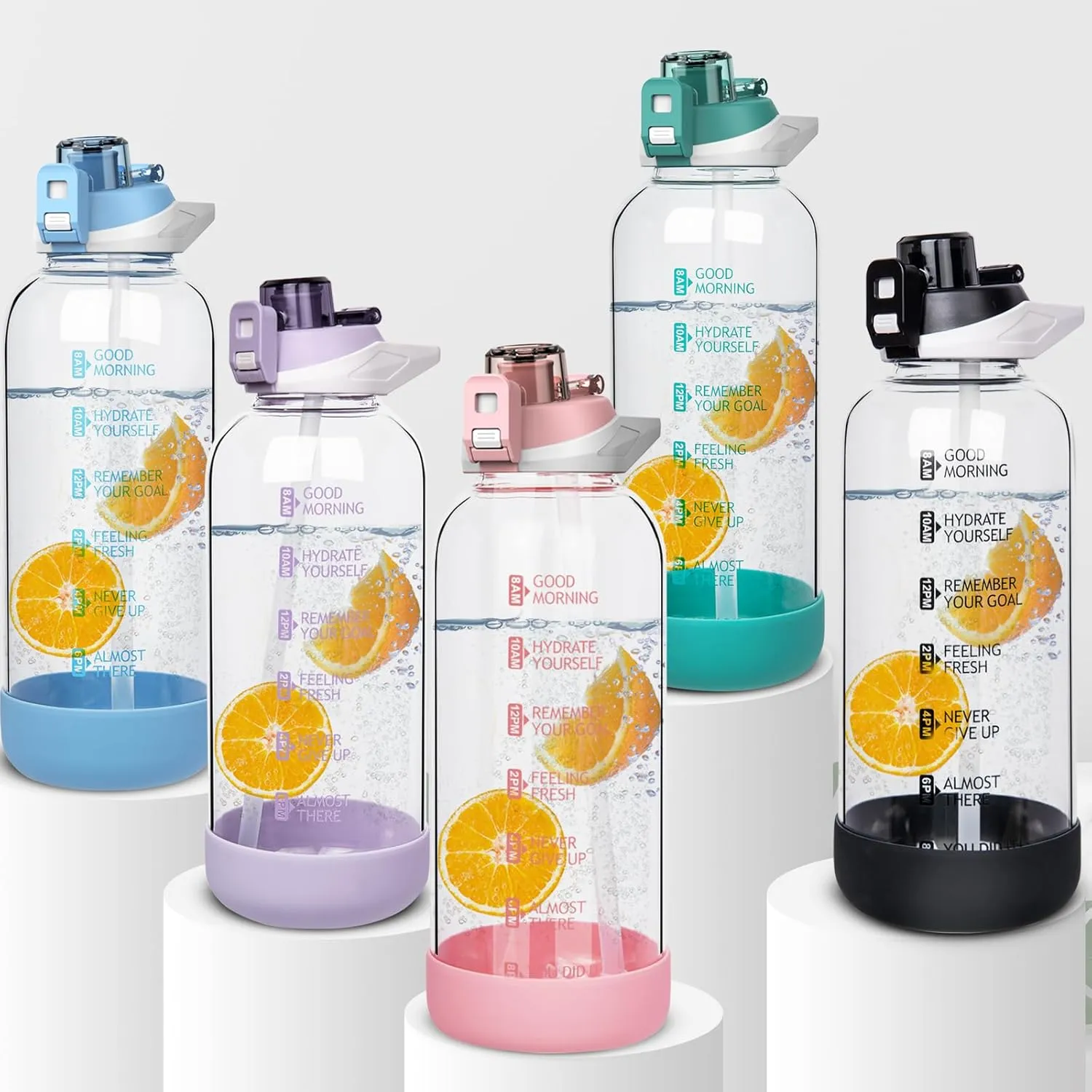 48 oz Large Sports Glass Water Bottle with Straw & Time Marker, Motivational Daily Glass Drinking Bottle with Strap for Fruit Infused Water, Smoothie, Coffee