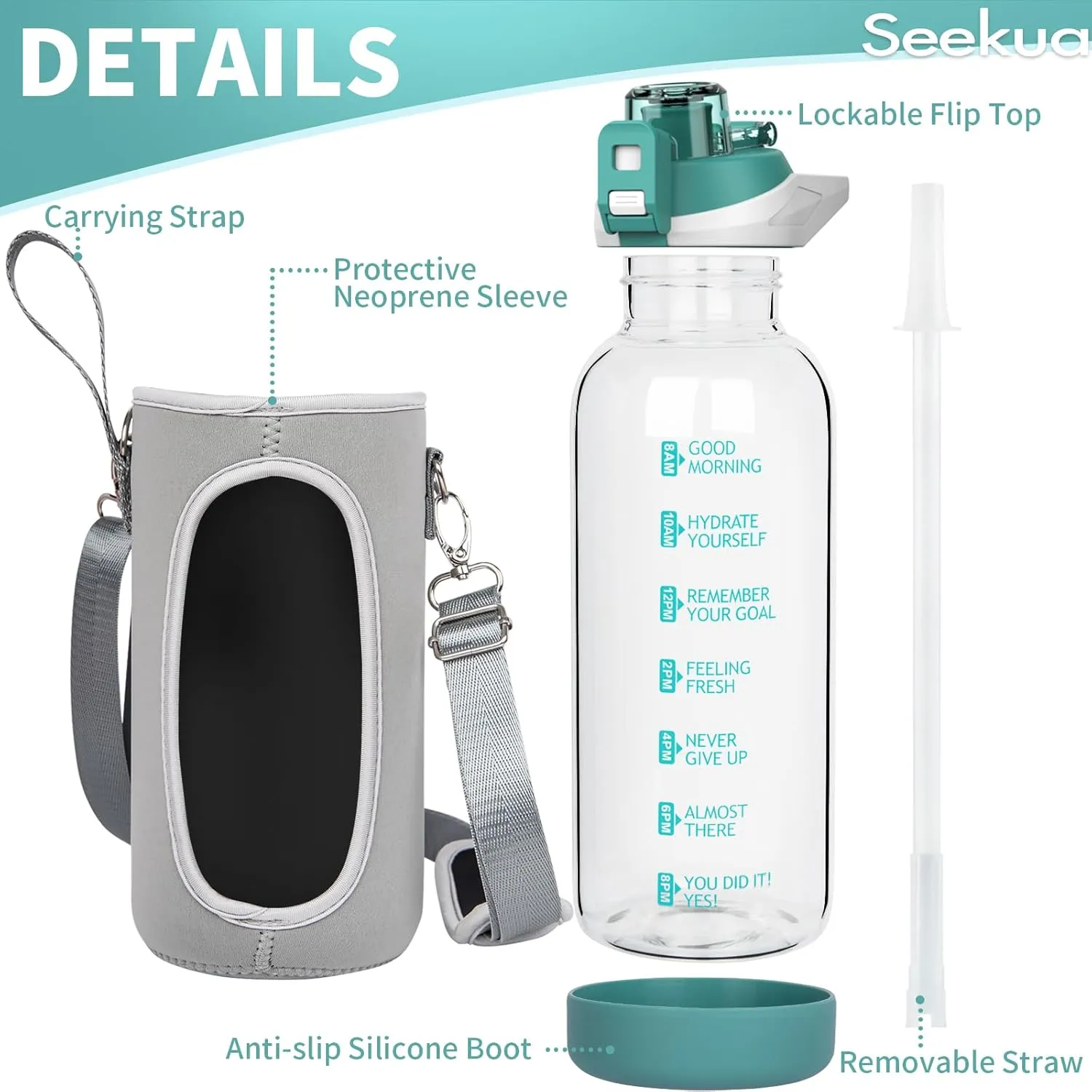 48 oz Large Sports Glass Water Bottle with Straw & Time Marker, Motivational Daily Glass Drinking Bottle with Strap for Fruit Infused Water, Smoothie, Coffee