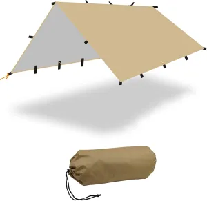 4x4m Large Camping Tarp Tent, Portable Waterproof Hammock Rain Fly, Mutifunctional Sunscreen Awning Canopy with Silver Coating, Ultralight Survival Shelter for Outdoor, Hiking & Backpacking