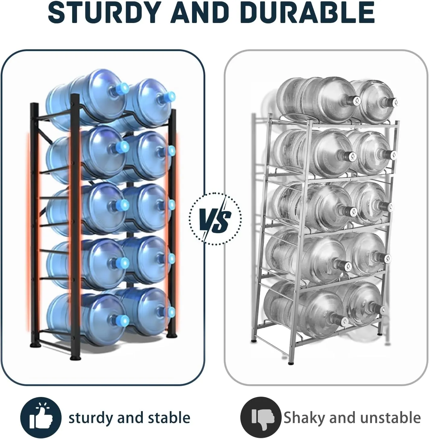 5 Gallon Water Jug Holder, 5-Tier Heavy Duty Water Bottle Rack for 10 Bottles, Reinforced Carbon Steel 5 Gallon Water Bottle Holder for Office, Family, Garages, Restaurant Gym