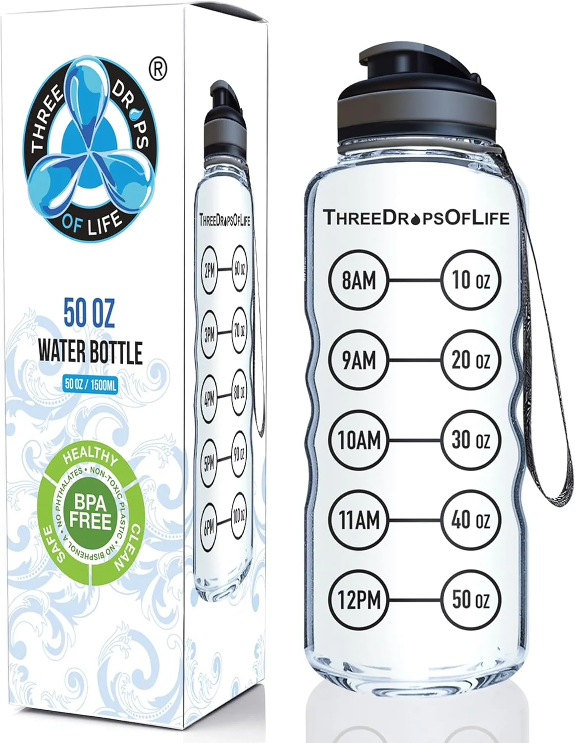 50oz Sport Water Bottle - Best for High Capacity Hydration - Clear Tritan Plastic, BPA Free, Flip Top, Leak Proof Lid, Re-Design Lid, New Strainer, Strong Reusable 50 oz Clear Sports Water Bottle