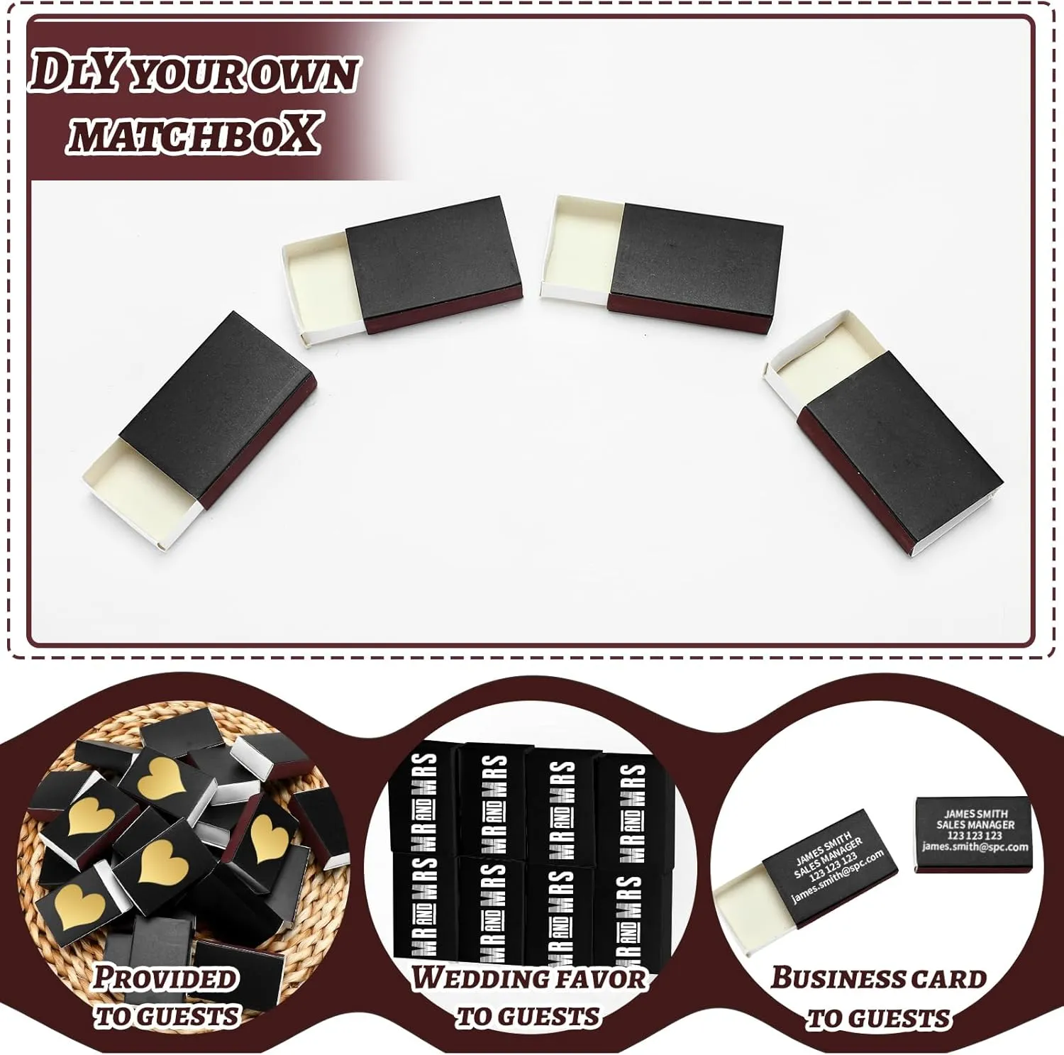 60 Pcs Blank Matches Containers DIY No Match Holder Blank Match Storage Boxes for Guests Wedding Bridal Shower Baby Shower Halloween Party Favor(Black,2.24 x 1.42 x 0.59 Inches)