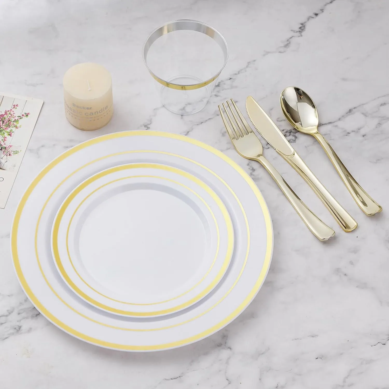 600PCS Gold Dinnerware Set for 100 Guests, Plastic Plates for Party, 100 Gold Disposable Plates, 100 Dessert Plates, 100 Cups, 100 Spoons, 100 Forks and 100 Knives