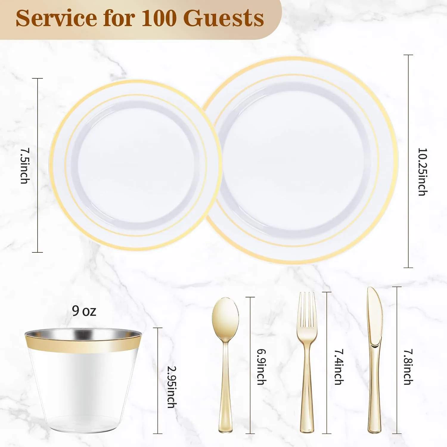 600PCS Gold Dinnerware Set for 100 Guests, Plastic Plates for Party, 100 Gold Disposable Plates, 100 Dessert Plates, 100 Cups, 100 Spoons, 100 Forks and 100 Knives