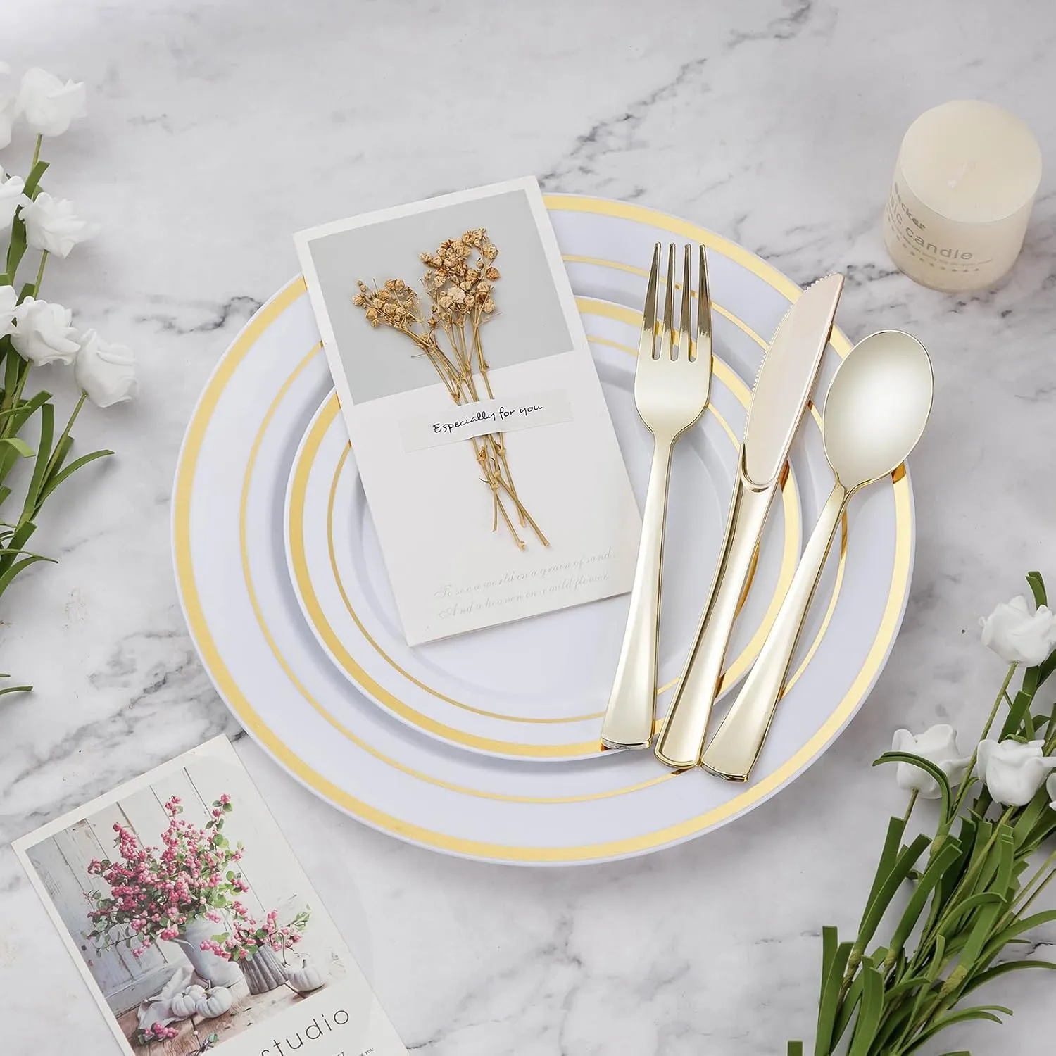 600PCS Gold Dinnerware Set for 100 Guests, Plastic Plates for Party, 100 Gold Disposable Plates, 100 Dessert Plates, 100 Cups, 100 Spoons, 100 Forks and 100 Knives