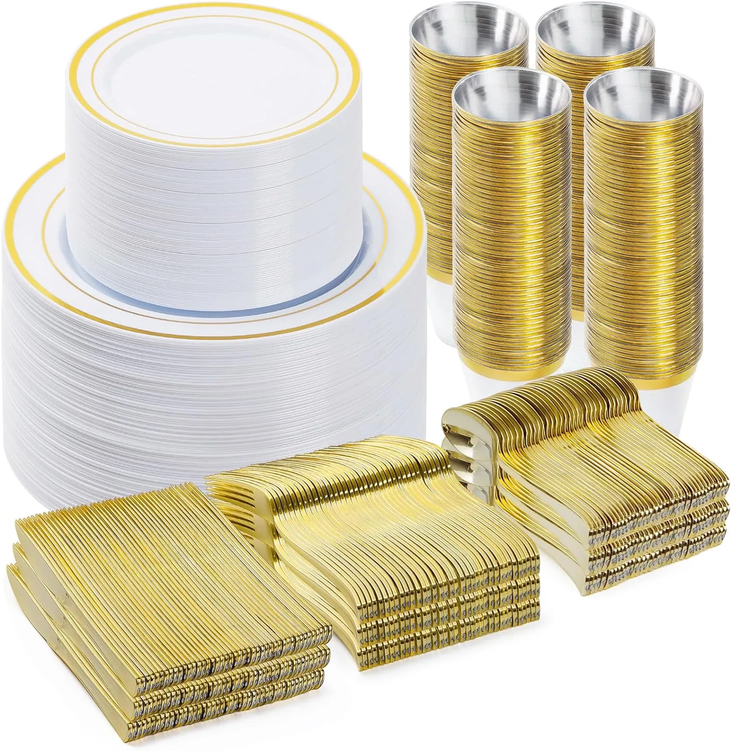 600PCS Gold Dinnerware Set for 100 Guests, Plastic Plates for Party, 100 Gold Disposable Plates, 100 Dessert Plates, 100 Cups, 100 Spoons, 100 Forks and 100 Knives