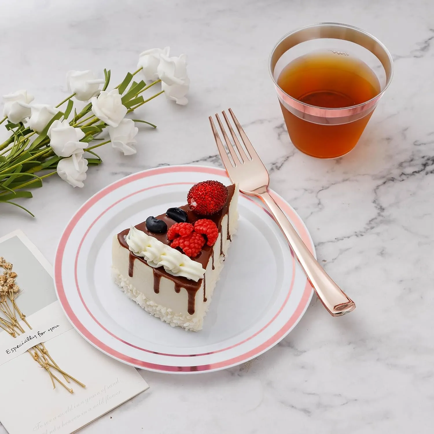 600PCS Plastic Dinnerware Set (100 Guests), Rose Gold Disposable Plates for Party, Wedding, Anniversary, Includes: Dinner Plates, Dessert Plates, Cups, Spoons, Forks and Knives