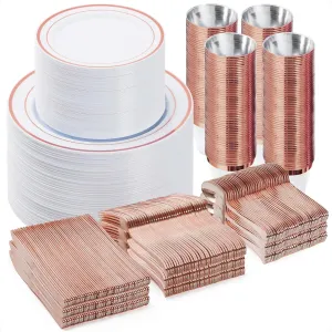 600PCS Plastic Dinnerware Set (100 Guests), Rose Gold Disposable Plates for Party, Wedding, Anniversary, Includes: Dinner Plates, Dessert Plates, Cups, Spoons, Forks and Knives