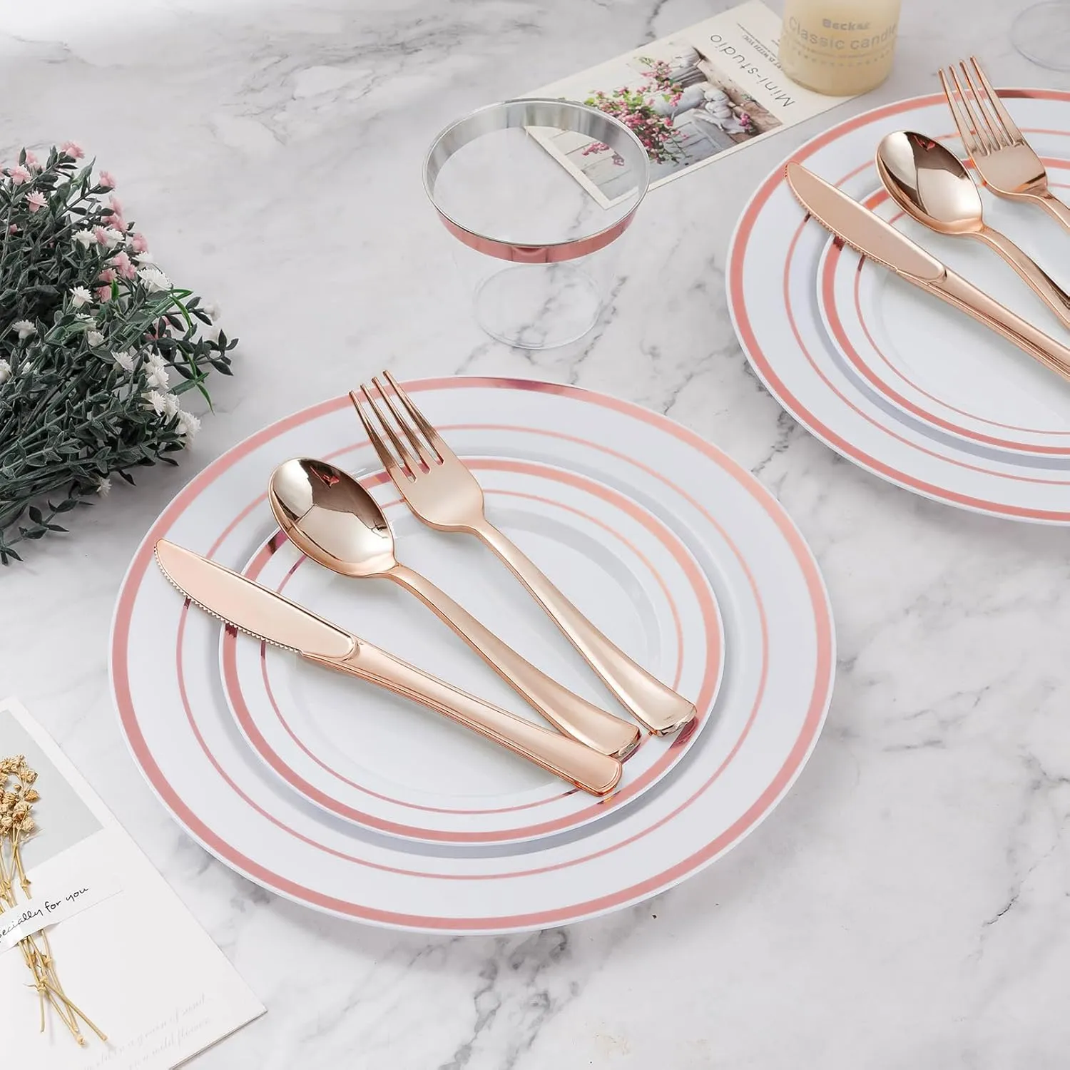 600PCS Plastic Dinnerware Set (100 Guests), Rose Gold Disposable Plates for Party, Wedding, Anniversary, Includes: Dinner Plates, Dessert Plates, Cups, Spoons, Forks and Knives