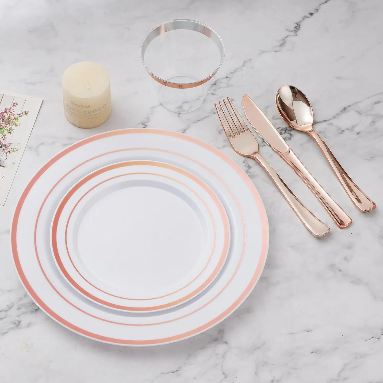 600PCS Plastic Dinnerware Set (100 Guests), Rose Gold Disposable Plates for Party, Wedding, Anniversary, Includes: Dinner Plates, Dessert Plates, Cups, Spoons, Forks and Knives