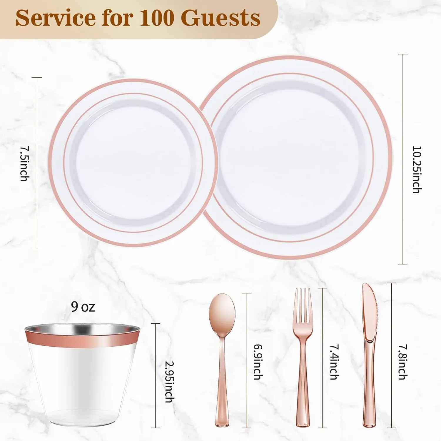 600PCS Plastic Dinnerware Set (100 Guests), Rose Gold Disposable Plates for Party, Wedding, Anniversary, Includes: Dinner Plates, Dessert Plates, Cups, Spoons, Forks and Knives