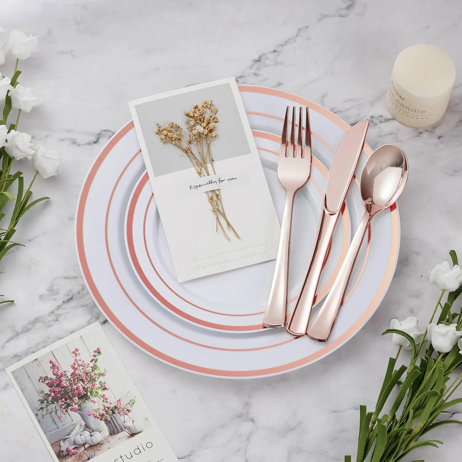 600PCS Plastic Dinnerware Set (100 Guests), Rose Gold Disposable Plates for Party, Wedding, Anniversary, Includes: Dinner Plates, Dessert Plates, Cups, Spoons, Forks and Knives