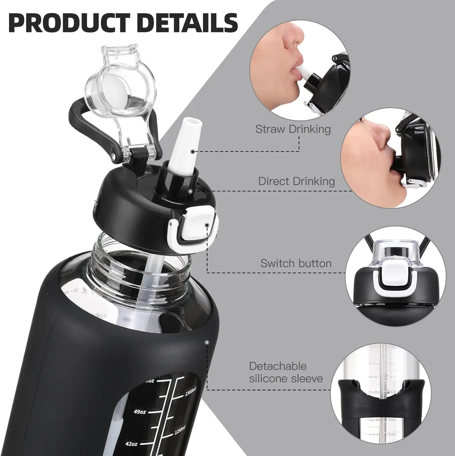 64 oz Glass Water Bolttles with Straw Half Gallon Large Motivational Water Bottle with Time Marker Sports Water Bottles with Silicone Sleeve and Handle Lid Water Jug for Gym Workout