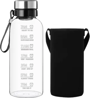 64 OZ Glass Water Bottle - Large Resuable Borosilicate Wide Mouth Glass Drinking Bottles With Time Mark, Sleeve, BPA Free