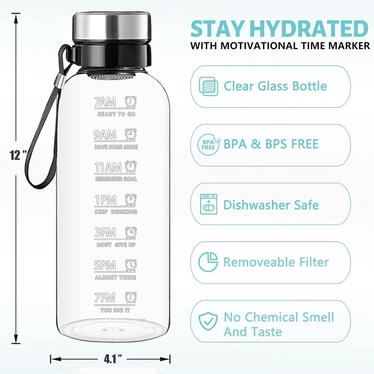 64 OZ Glass Water Bottle - Large Resuable Borosilicate Wide Mouth Glass Drinking Bottles With Time Mark, Sleeve, BPA Free
