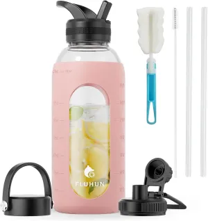 64 Oz Glass Water Bottle with 3 Lids, Straw Handle, Chug Lid, Half Gallon Capacity, Borosilicate Glass, Pink, Yoga, Gym