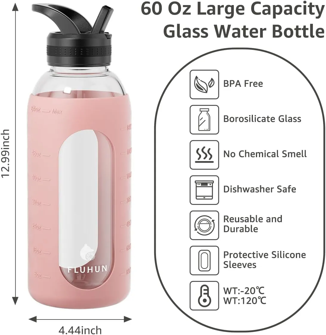 64 Oz Glass Water Bottle with 3 Lids, Straw Handle, Chug Lid, Half Gallon Capacity, Borosilicate Glass, Pink, Yoga, Gym
