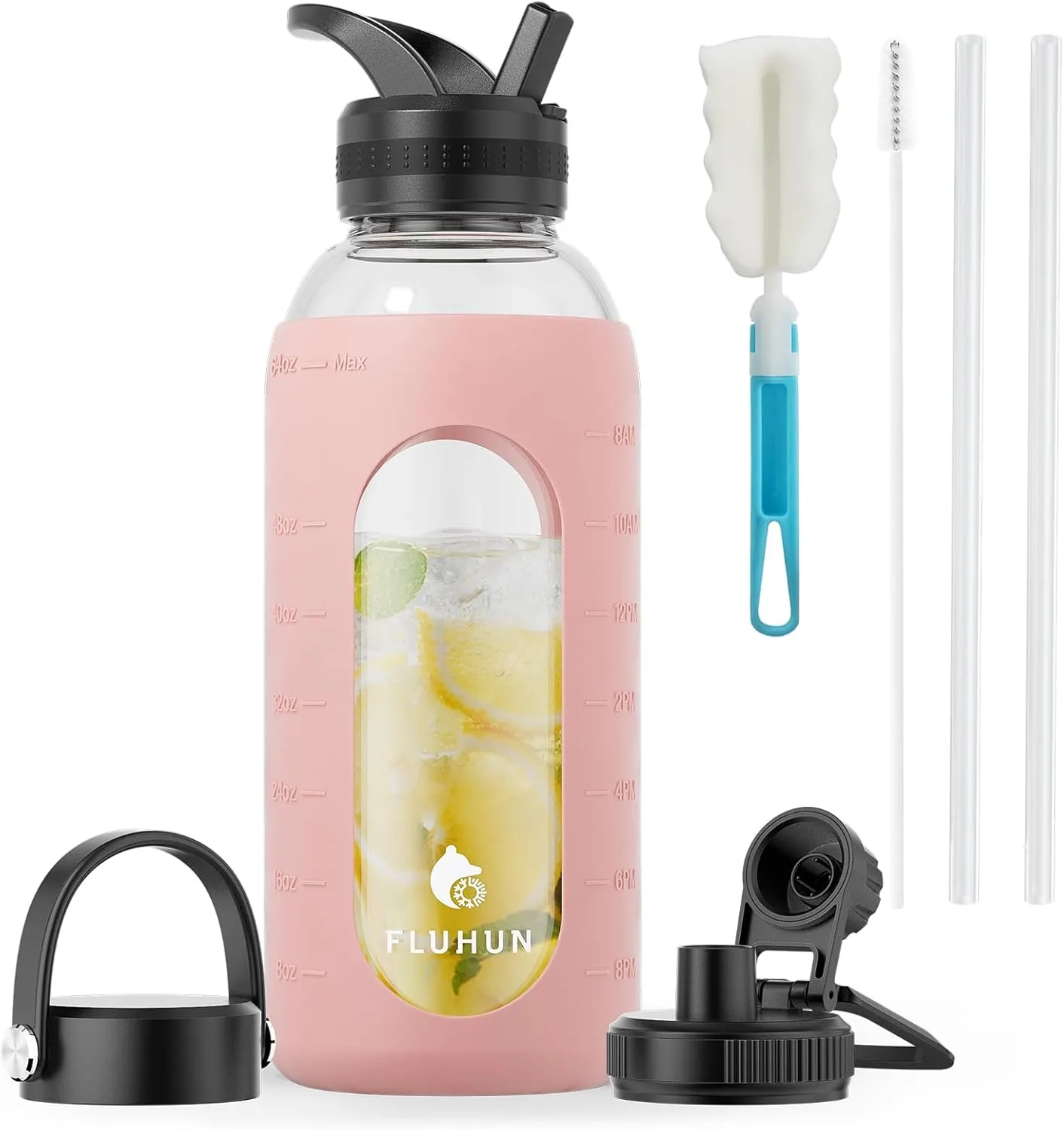 64 Oz Glass Water Bottle with 3 Lids, Straw Handle, Chug Lid, Half Gallon Capacity, Borosilicate Glass, Pink, Yoga, Gym