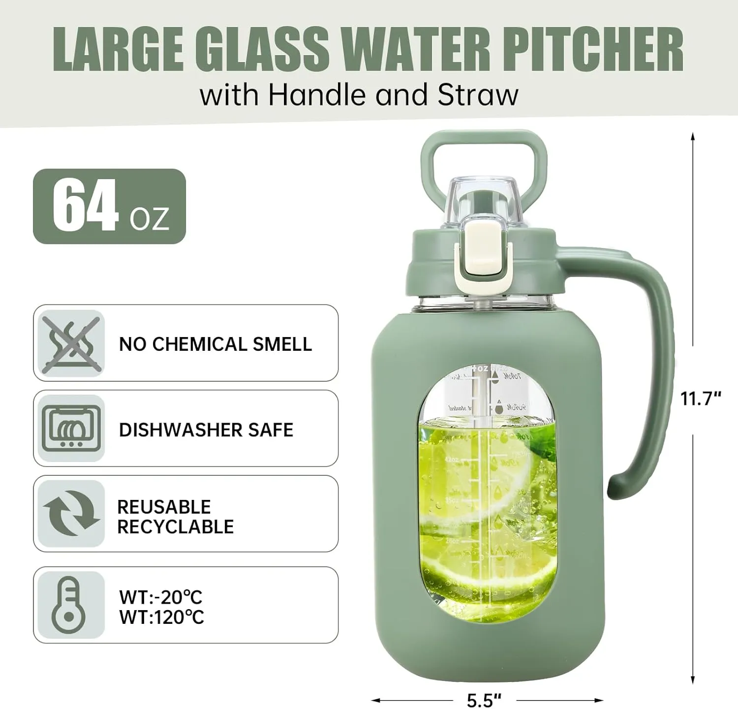 64 oz Glass Water Bottle with Straw and Handle Half Gallon Water Jug with Silicone Sleeve Large Water Bottle for Office, Gym, Outdoor Sports