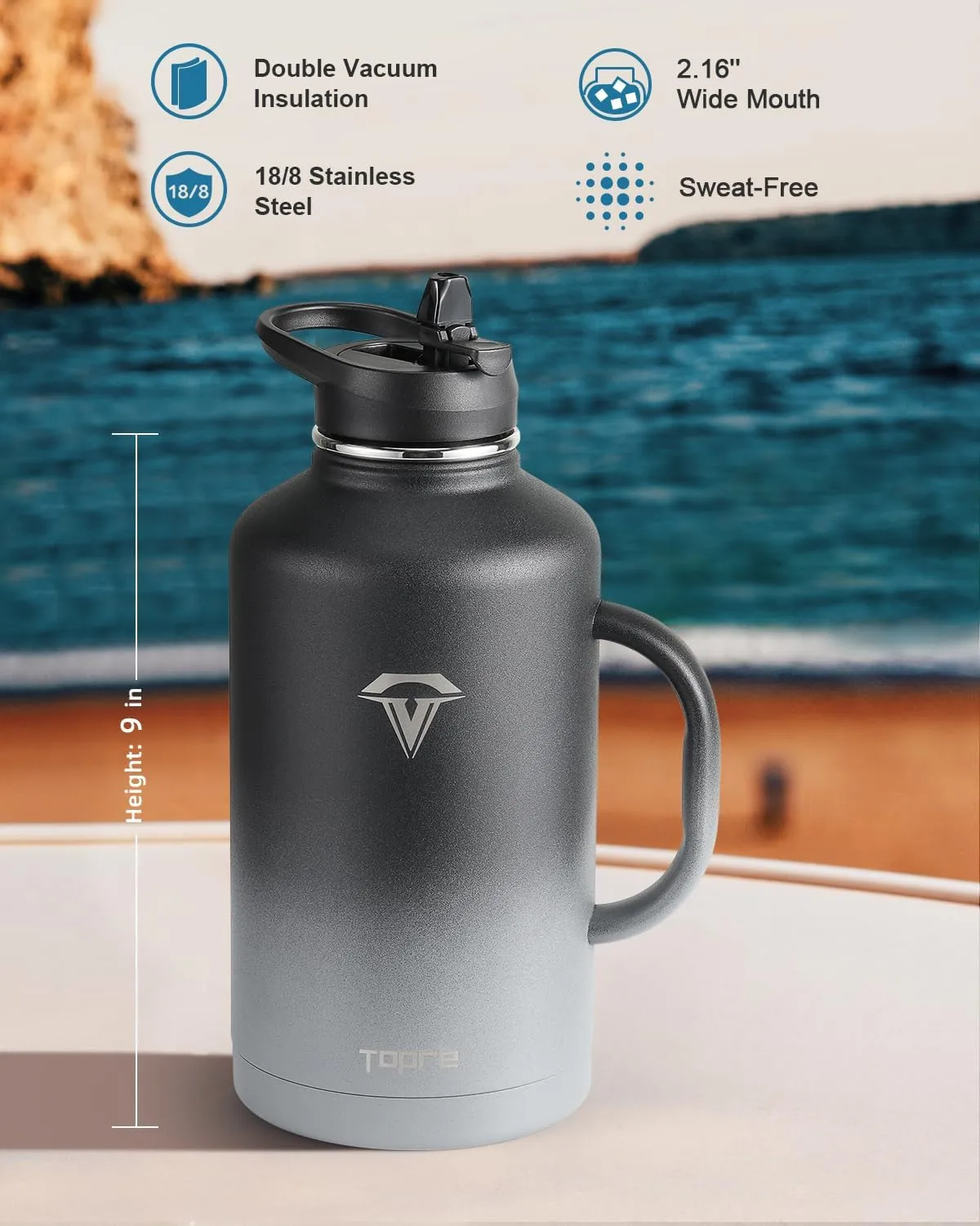 64 oz Insulated Water Bottle with Straw and Lid, Half Gallon Stainless Steel Cup with Handle,Leakproof Metal Travel Jug Flask Mug Tumbler Cup With Carry Pouch and Brush,Keep Cold & Hot,Grey
