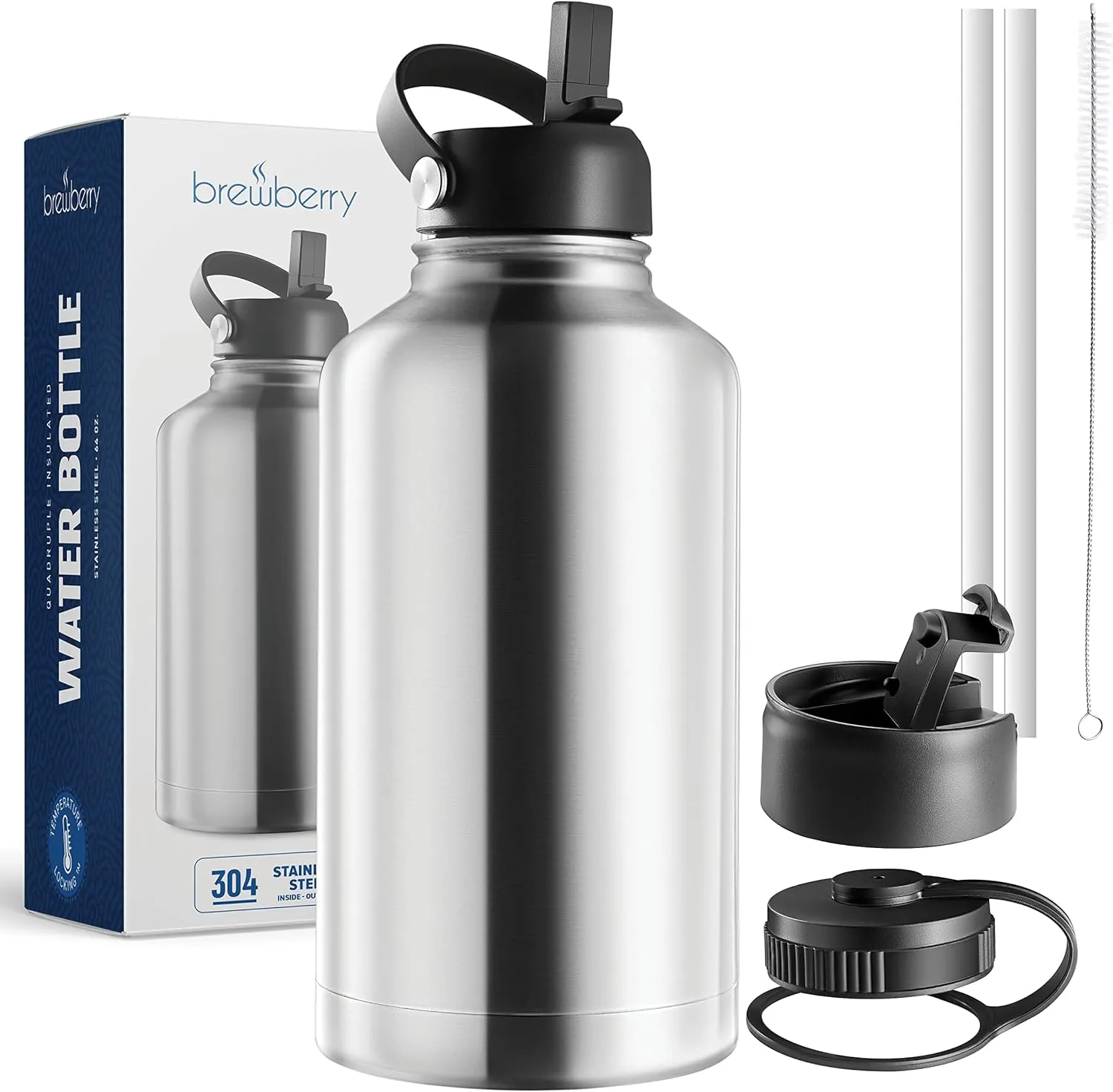 64 oz Insulated Water Bottle With Straw, Half Gallon Stainless Steel Sports Water Flask Jug with 3 Lids (Straw, Spout, and Handle Lid), Large Metal Thermal Cup Mug, Stainless Steel